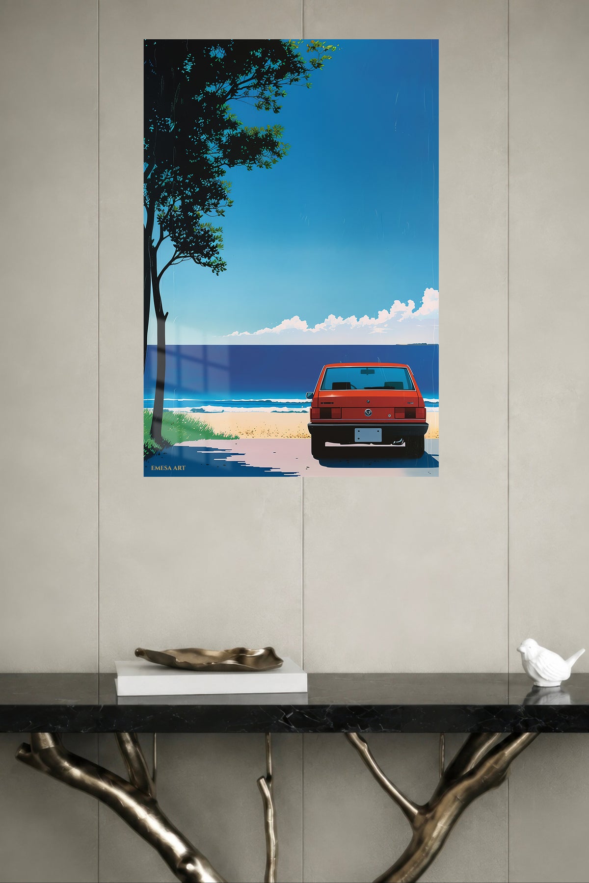 Orange Classic Car Beach Minimalist wall art