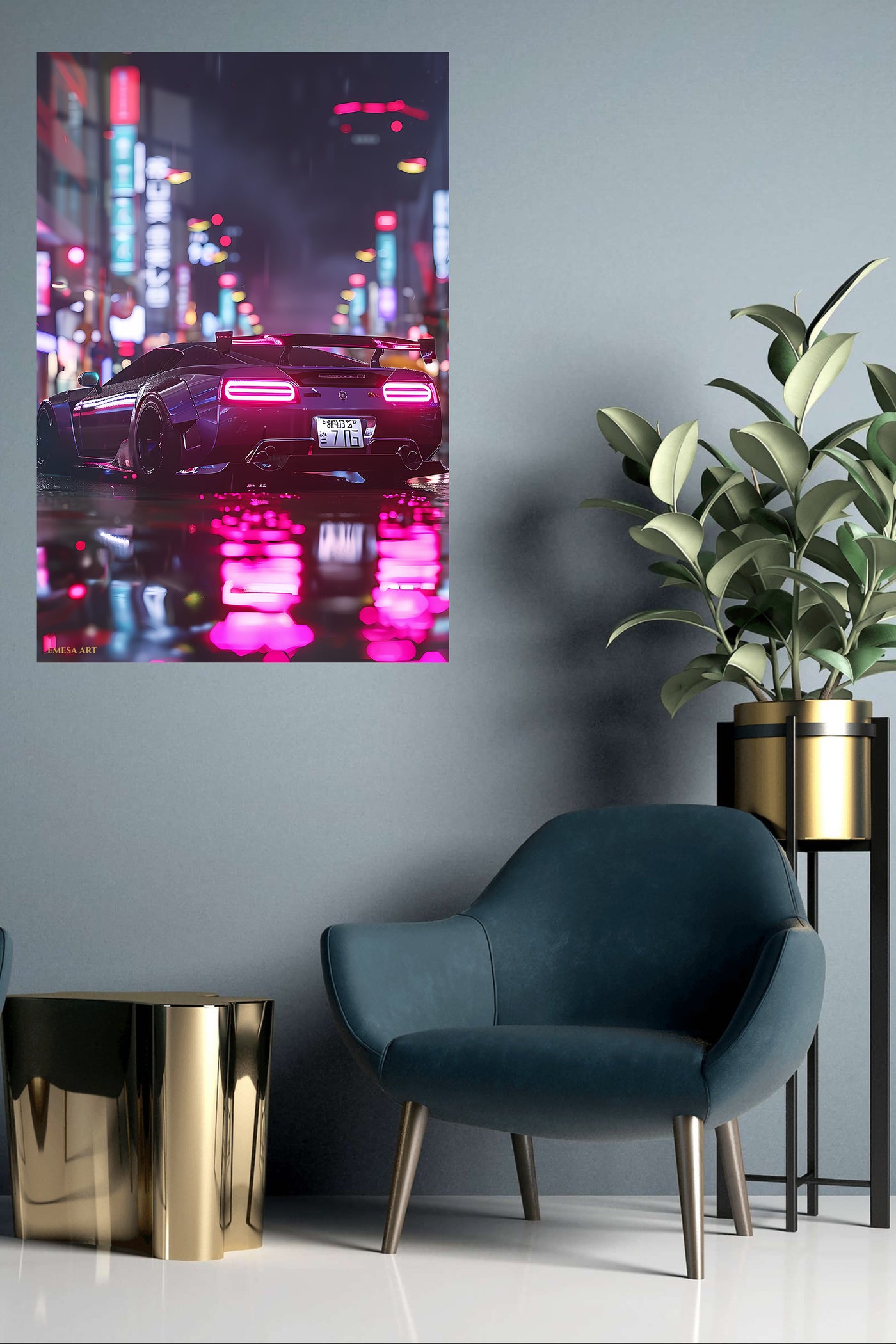 Purple Sports Car Neon City wall art