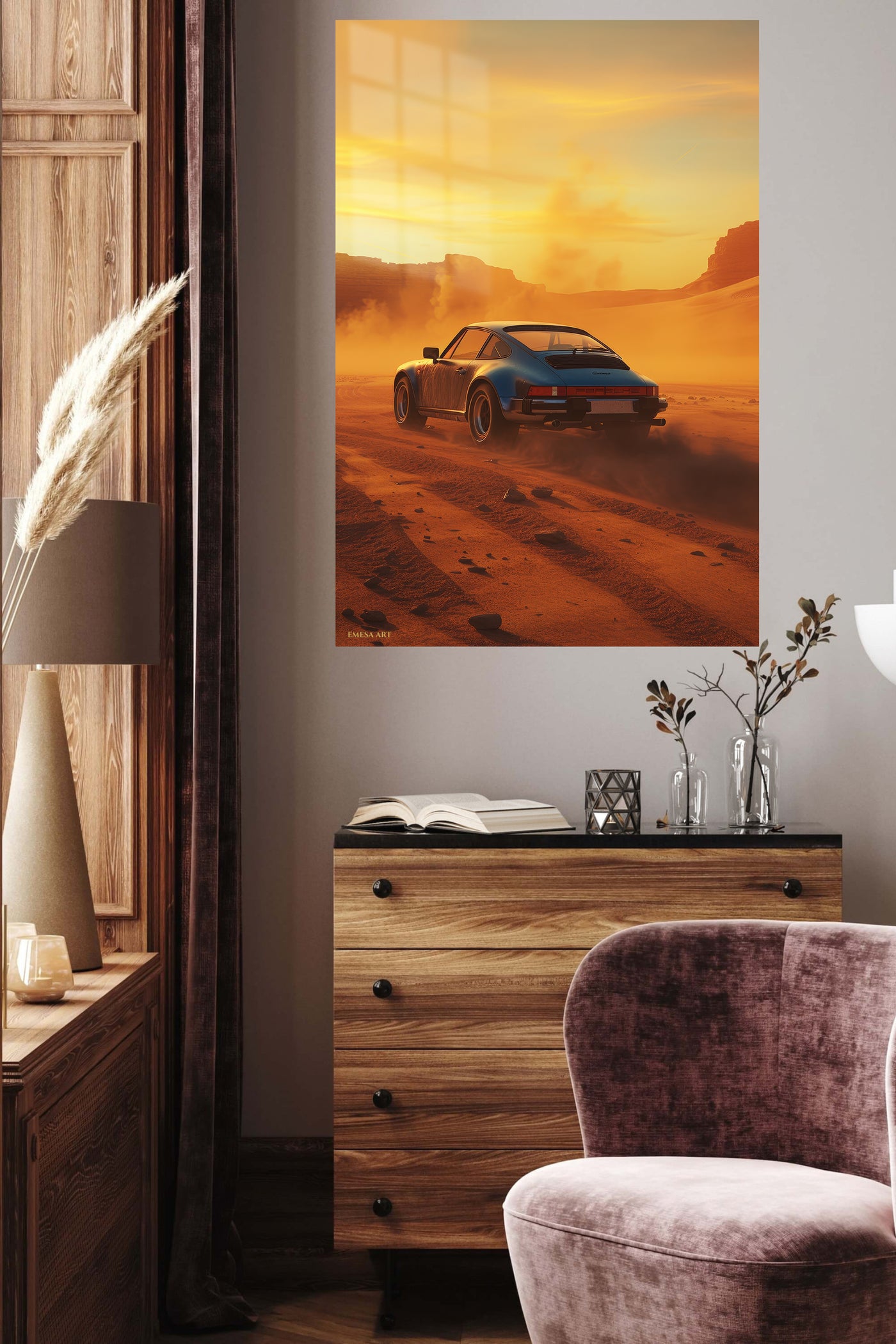 Black Porsche 911 Desert Sunset wall art