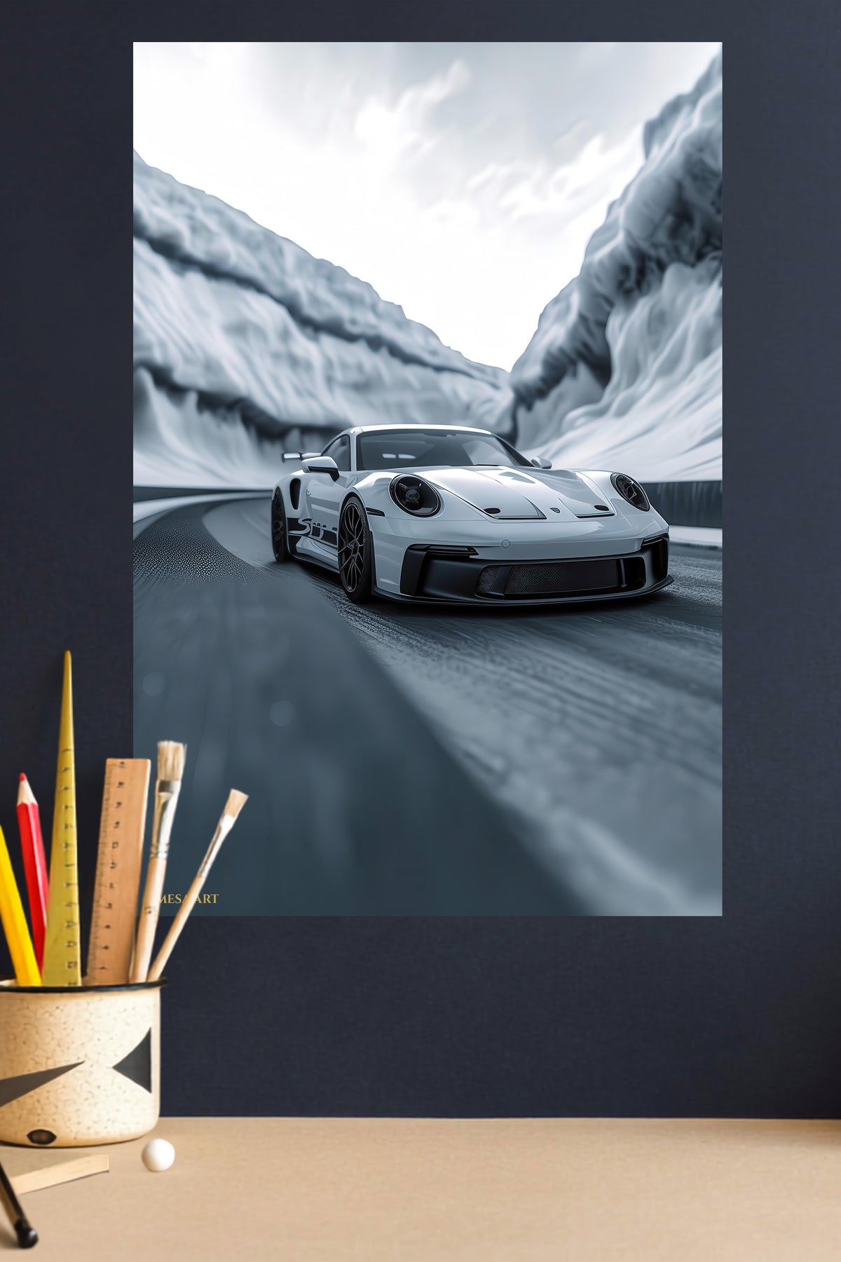 White Porsche 911 Snow Mountain wall art