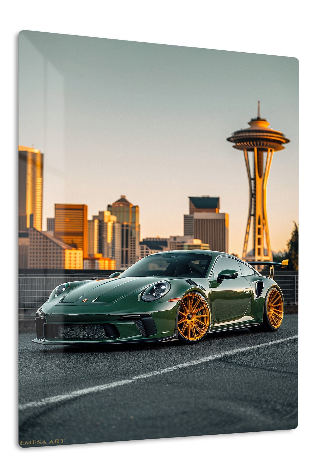 Green Porsche 911 Seattle City wall art