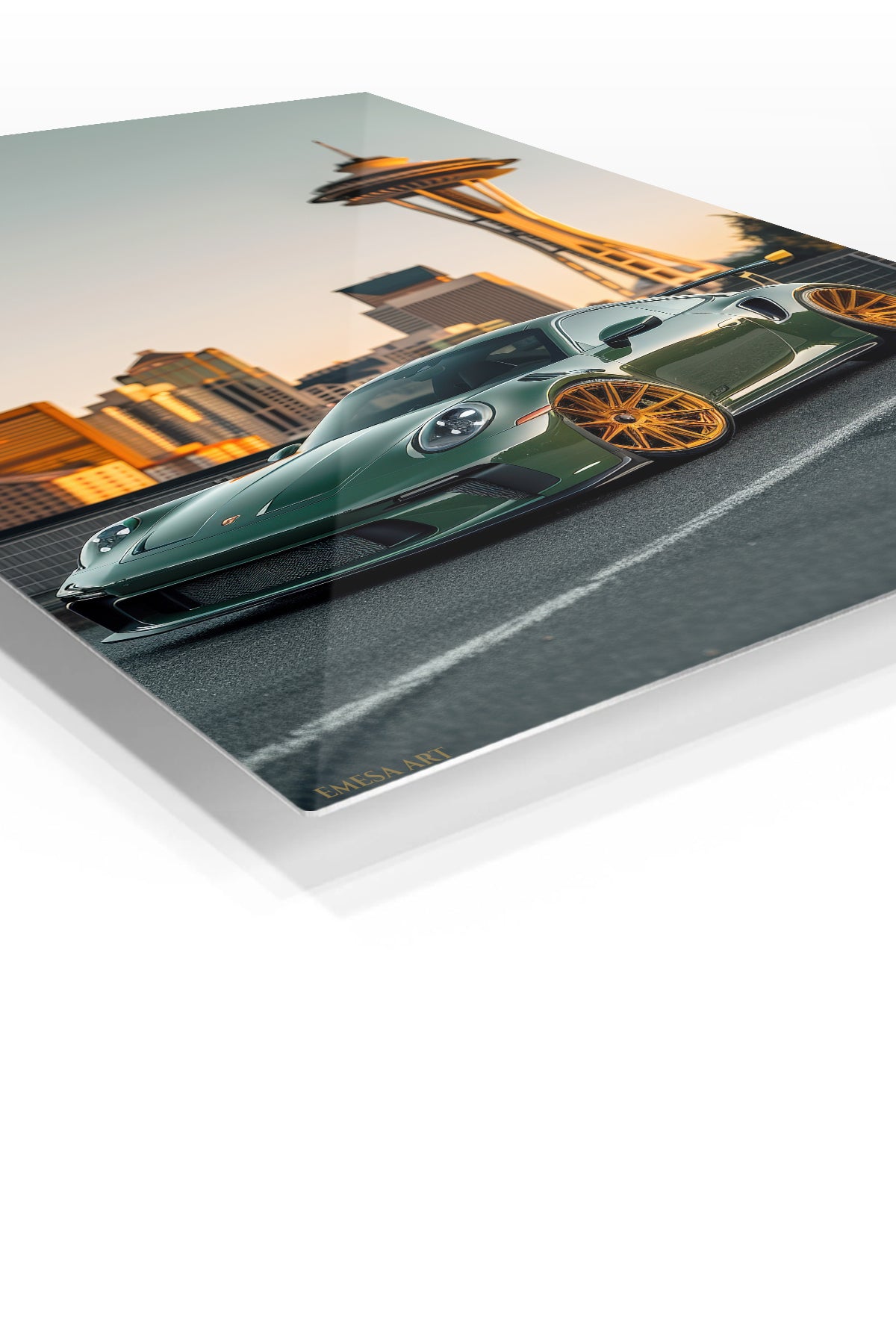 Green Porsche 911 Seattle City wall art