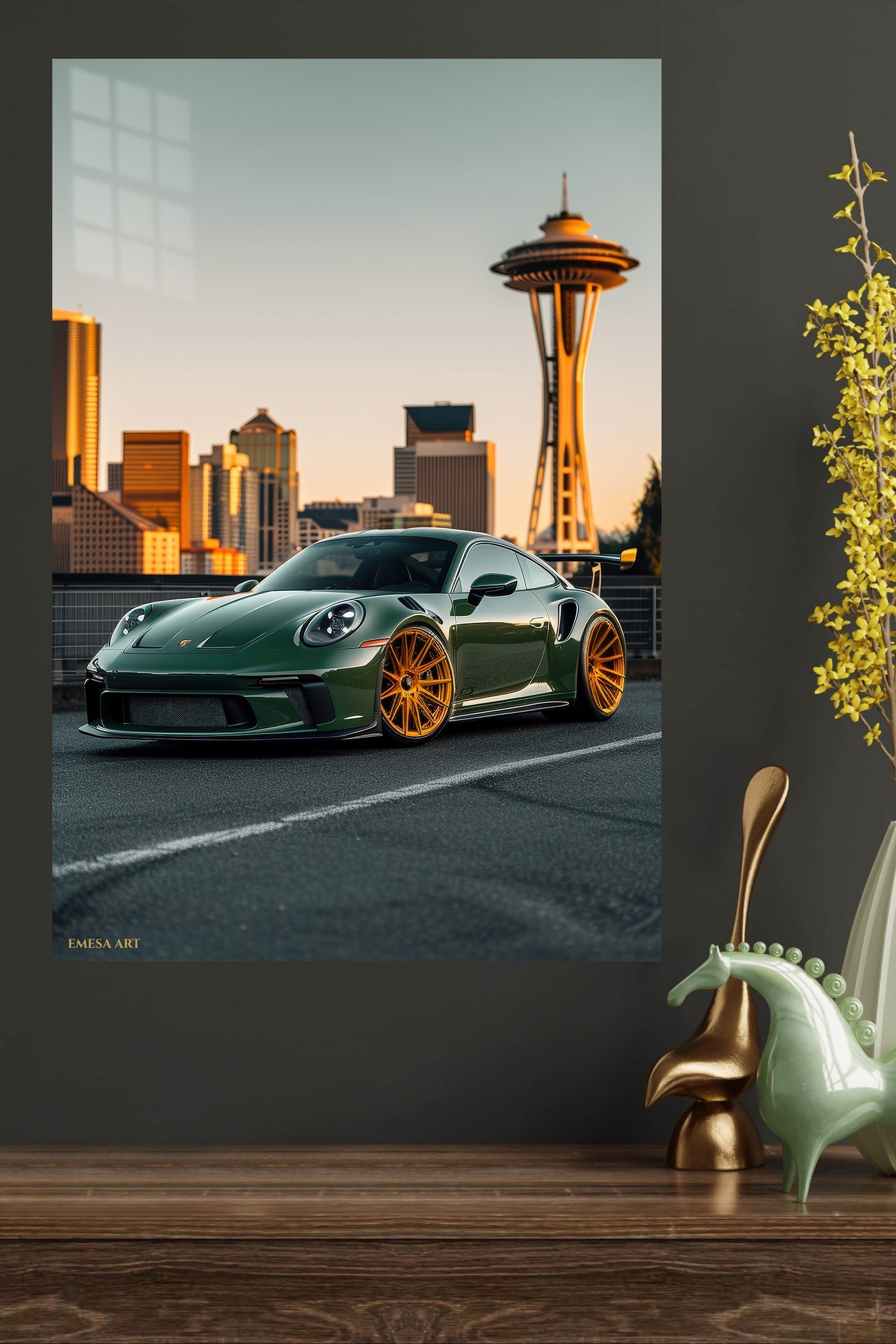 Green Porsche 911 Seattle City wall art