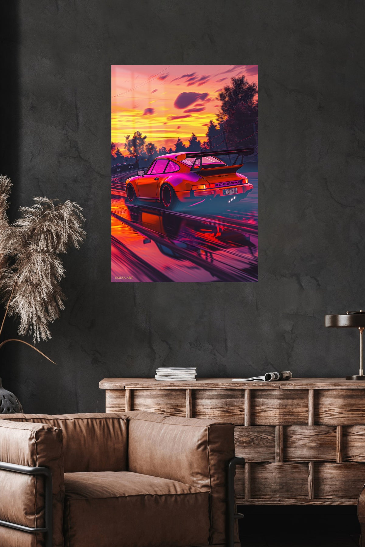 Red Porsche 911 Neon Sunset wall art