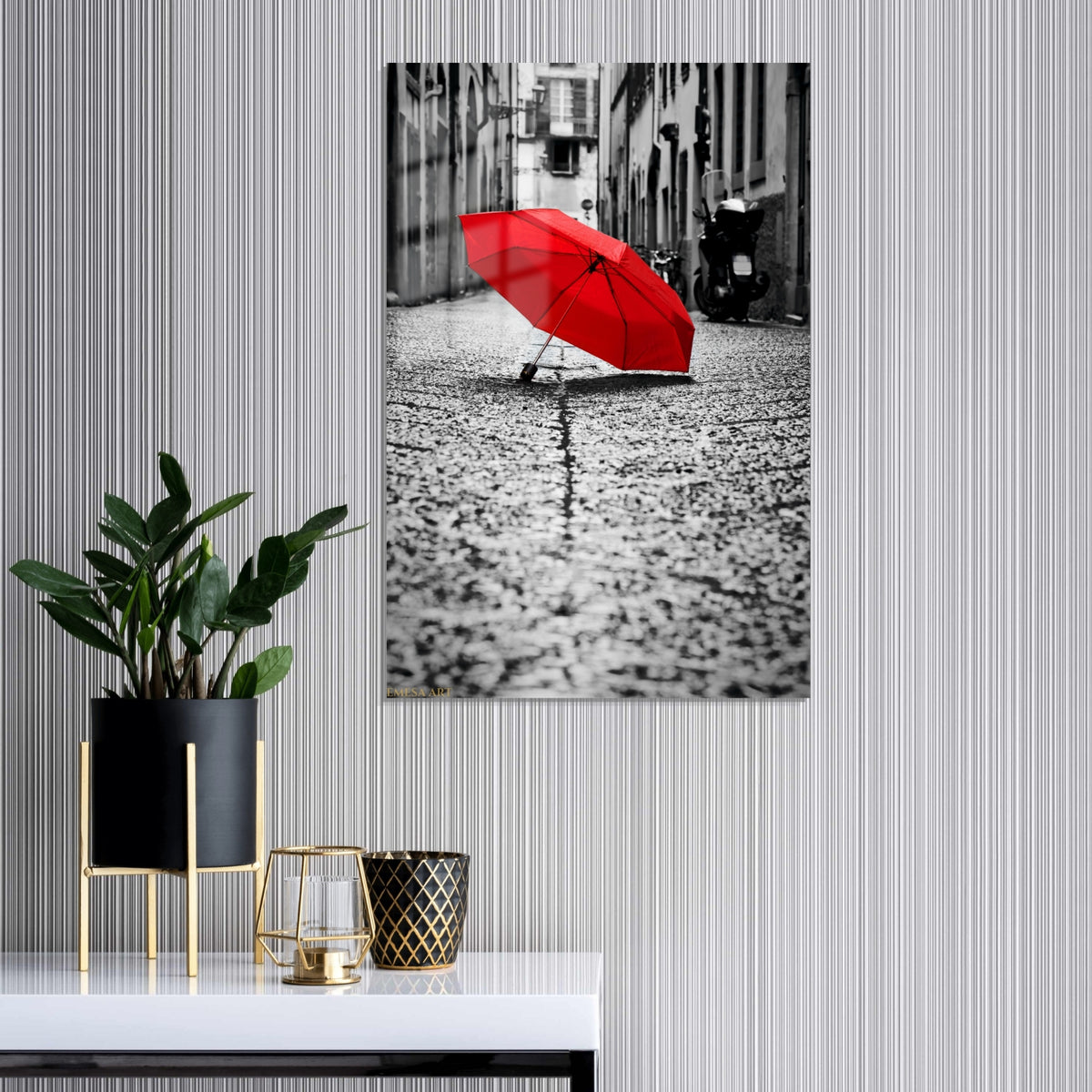 Red Umbrella Black & White Metal Wall Art | EMESA ART